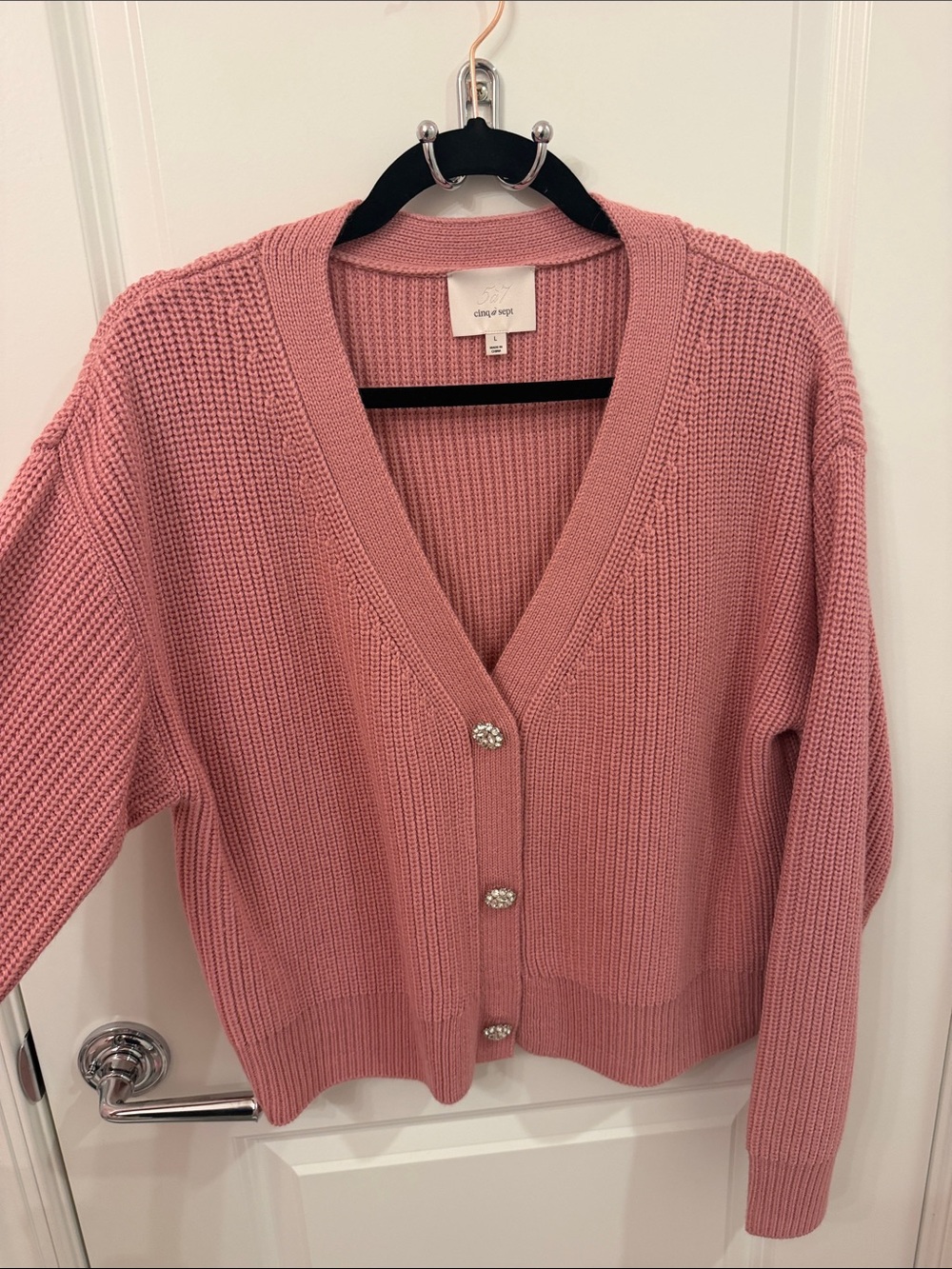 Cinq a Sept 5 7 mauve pink cardigan sweater with jeweled buttons large - Picture 4 of 5